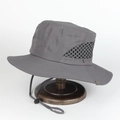 Detail of dark grey sun hat with side mesh vents and adjustable wind cord on wood base - One Size(Adjustable) / Gray