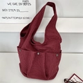 Red plaid canvas hobo bag with front pockets and silver buttons in Korean style - Red