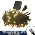 Waterproof F8 hexagonal LED string lights with black cable and warm white glow - F8 Hexagon Warm White (OPP Bag) / 9.5M 100LED