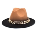 Close-up of two-tone fedora hat in camel and black with bold gold chain accessory - M (56-58cm) / Camel + Black