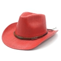 Red western cowboy straw hat with brown leather band and metallic decorative rivets - M (56-58cm) / Red
