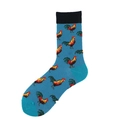 Lake blue crew socks with colorful rooster patterns and contrasting black ribbed cuffs - Blue Black Cuff Rooster (11)
