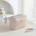 Portable beige corduroy makeup bag with top handle and double zipper for cosmetics - Square Bucket Bag - Khaki Stripes
