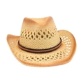 Chapeau de cowboy en paille tressée ajourée avec ruban décoratif en cuir marron foncé - Taille unique / Khaki 1 (Corde Tressée)