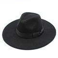 Close-up of a wide brim black wool fedora featuring a decorative matching satin ribbon - M / Black