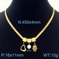 Gold snake chain necklace with heart, pearl, and Hamsa hand charms on a black display - Heart Pearl Hamsa Hand Necklace (KN233839)