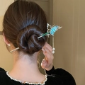 Silver hair pin with teal butterfly, pearl tassels and bamboo node design - 9# Hair Stick-Gold Green (Butterfly Bamboo)
