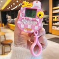 Pink checkered mini handheld game console keychain with Doraemon character and hook - Pink Cartoon Cat Game Console with Bell