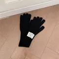 Long black wool knit gloves with extended cuffs and vintage profile woven label - One Size / Black