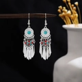 Bohemian silver earrings with turquoise beads and metallic tassels on a dark background - Multicolor(E6131-3)