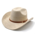 Détail du chapeau de cowboy en daim beige avec sangle en cuir marron et boucle dorée - M (56-59cm) / Camel Clair (Suède)