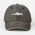 Detailed close-up of white shark embroidery on charcoal washed cotton baseball cap - One Size / Coffee