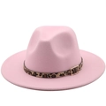 Pink wool fedora hat with leopard print belt and gold buckle for women - M (56-58cm) / Pink