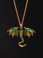 Macro detail of golden dragon pendant with colorful rhinestones and green enamel wings - Necklace / Light Green (N-1127)