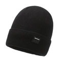 Berretto nero in maglia minimalista con etichetta montagna e trama a coste invernali - Taglia unica / Nero