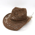 Detailed view of the brown hand-woven hollow straw cowboy hat featuring a stylish curled brim - One Size / Coffee