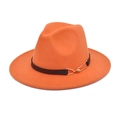 Detail of orange fedora wool hat featuring black leather band and gold safety pin buckle - Orange