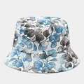 Detailed view of floral bucket hat featuring realistic blue and grey leaf patterns - Blue Gray Realistic Leaf Print Style (9#色)