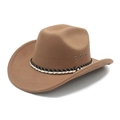 Elegant camel wool felt cowboy hat with braided band and side metal eyelets in 45-degree view - M (56-58cm) / Khaki