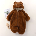 Dark brown plush baby romper with cute bear ears hood and zipper for warm winter wear - 66 / Dark Brown