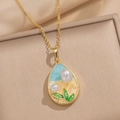 Collana dorata con ciondolo a goccia stile giardino di Monet e perle eleganti - Paesaggio a Goccia d'Acqua - Blu (A19 Blu)