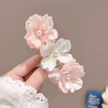 Chic pink and white mesh flower hair clip with pearls for elegant women's hairstyling - Pink Triple Flower Hair Tie