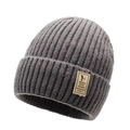 Thick dark grey ribbed knit beanie with warm fleece lining and leather patch for winter - Dark Gray