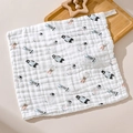 White cotton gauze baby washcloth with cute penguin and rabbit patterns on a wooden tray - Teddy Bear