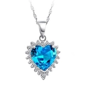 Silver plated necklace with heart-shaped blue gemstone and white diamond halo pendant - Xl-66 [with Water Ripple Chain]