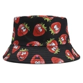 Detail of black reversible bucket hat with quirky strawberry print and quality stitching - One Size / Black