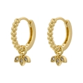 Detailed close-up of golden clover pendant earrings with sparkling white zircons - Beaded Clover Pendant Style (VE1136) / Gold
