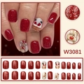 Rode kerst kunstnagels met handgeschilderde rendier- en kerstmanontwerpen set - Kerstrood Rendier Glitter Stijl (met Lijm/W3081)