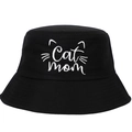 Black cotton bucket hat with white Cat Mom embroidery and cute kitten ear details - Adjustable / Black