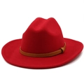 Close-up of bright red wool fedora featuring a brown snakeskin pattern leather band - M (56-58cm) / Red
