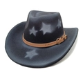 Macro detail of dark grey felt cowboy hat with star patterns and brown leather strap - M(56-58cm) / Black