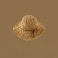 French straw sun hat with wide wavy brim and brown bow detail in beige finish - Adjustable / Khaki-Leather Rope Lace