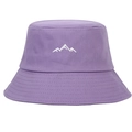 Détail de la broderie montagne blanche sur un chapeau bob en coton violet de qualité - Taille unique / Violet