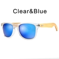Clear square frame sunglasses with blue mirrored lenses and natural bamboo temples - Clear Frame / Blue Film