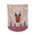 Christmas chair cover featuring reindeer applique and red plaid border on beige linen - Elk