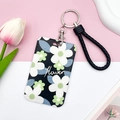 Floral ID card holder with black braided wristlet keychain for subway or access card - Black Braided Rope / White Green