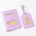 Detail of lavender PU leather passport cover and luggage tag with gold world map print - Purple Map