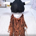 Handmade knitted Viking hat with white horns and long brown braided beard detail - L (58-60cm) / Mixed Color Beard (Straight Horns)