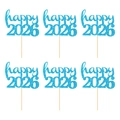 Décorations de gâteau bleues pailletées Happy 2026 avec bâtonnets en bois pour l'an - happy 2026 / Lot de 6 / Bleu