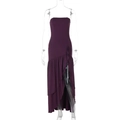 Detailed view of magenta strapless dress featuring ruffled accents and a high side slit - S / Purple