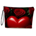 Cosmetic bag with red rose and heart pattern with black zipper and wristlet strap - Romantic Rose and Red Heart (xy-051-3) / With Webbing Handle
