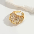 Golden open mesh ring with inlaid clear cubic zirconia crystals for women - Hollow Cage Large Zirconia (Gold)