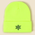 Neon yellow knitted beanie with snowflake embroidery and cuffed design for winter - One Size / Neon Yellow