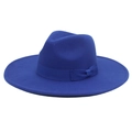 Detail of royal blue wool fedora with elegant wide brim and matching grosgrain bow - Adult (57-60cm) / 9.5cm Wide Brim / Sapphire Blue