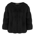 Detailed view of black faux fur jacket showing tiered horizontal stitching and V-neckline - Black