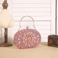 Pink oval evening clutch bag with sparkling floral crystal patterns and gold metal handle - Pink